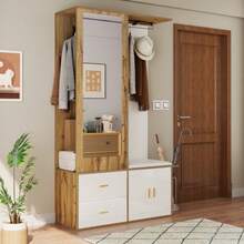Elegant Wardrobe Set In White And Wood Tones With Mirror, Shoe Cabinet, Shoe Bench With Hooks And Extendable Clothes Rail - White - View 5
