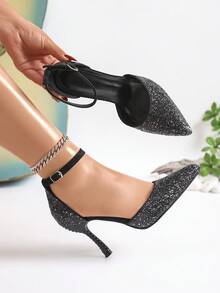 1 Pasang Sepatu Hak Tinggi Wanita Modis dengan Hiasan Payet dan Desain Berongga, Cocok untuk Aktivitas Luar Ruangan Sepanjang Musim - Hitam - View 1