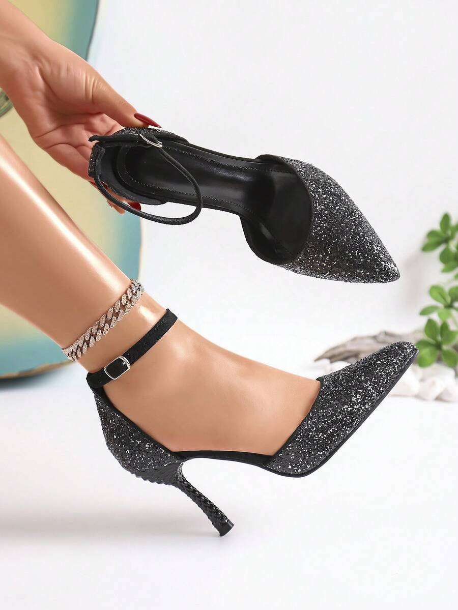 1 Pasang Sepatu Hak Tinggi Wanita Modis dengan Hiasan Payet dan Desain Berongga, Cocok untuk Aktivitas Luar Ruangan Sepanjang Musim - Hitam - View 1