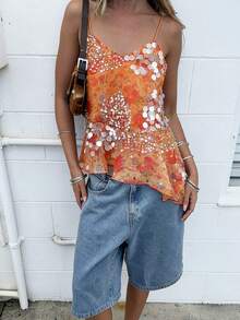 Women's Summer Sequin Camisole Floral Print Spaghetti Strap V-Neck Mesh Tank Tops Streetwear - 橘色 - 查看 3
