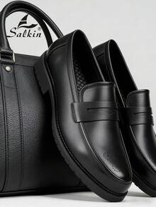 Salkin Fashionable Minimalist Men's Slip-On Penny Loafers, Gentleman Leather Brogues, Pointed Toe Business Formal Dress Shoes, Black Solid Color, Non-Slip Durable Sole, Suitable For Daily, Party, Wedding, Social Occasions, Spring/Summer/Autumn. Size Runs Large, Please Order One Size Down. - Black - View 4