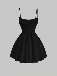 Ruched Corset Mini Dress - Women's Spaghetti Strap Skater Dress With Flowy Fit & Flare Skirt For Date Night - 黑色 - 查看 2