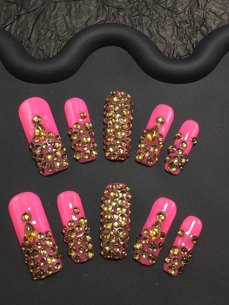 10 Pieces 3.3cm Handmade Square False Nails, Decorated With Rhinestones, Set With Nail Stickers, Suitable For Women And Girls, Valentine's Day, Parties, Festivals, And Daily Wear. Nail Accessories, Acrylic Nail Kit, Including Kit, Hand Pressed Nail Art, Fake Nail Stickers, And Nail Supplies. Handmade Press On Nails - Multicolor - View 1