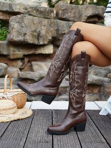 New Fashion Women's Pointed Toe Chunky Heel Embroidered Western Boots - Brown - View 1