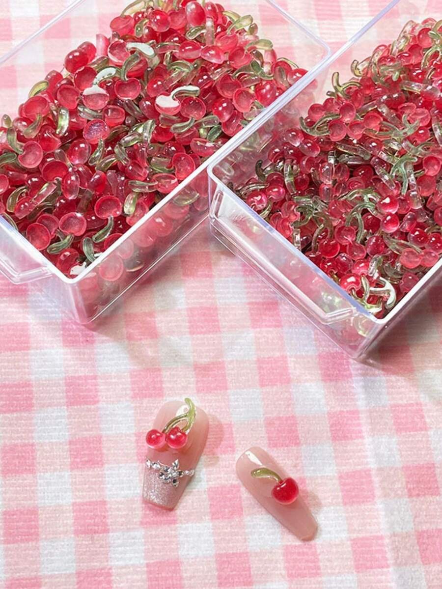 20/50个可爱3D迷你红色樱桃美甲配件,树脂水果美甲装饰,DIY美甲用品,美甲饰品 - 彩色 - 查看 1