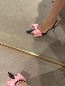 Silk Bow Rhinestone Pointed Toe High Heel Sandals, New French Elegant Hollow Out Stilettos - Pink - View 4