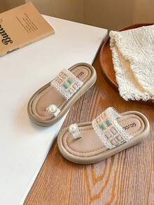 1 Pair Girls' Summer Pearl Lace Woven Thong Sandals, Children Soft Bottom Fashionable Outdoor Slippers - Beige - View 7