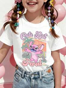 Disney Girls' T-Shirt, Creative Angelic Alphabet Cartoon Print, Summer Cotton Crew Neck Short Sleeve For Girls, Suitable For Everyday Wear, Vacations, Outdoor Activities, And As A Gift For Children. - trắng - Xem 1