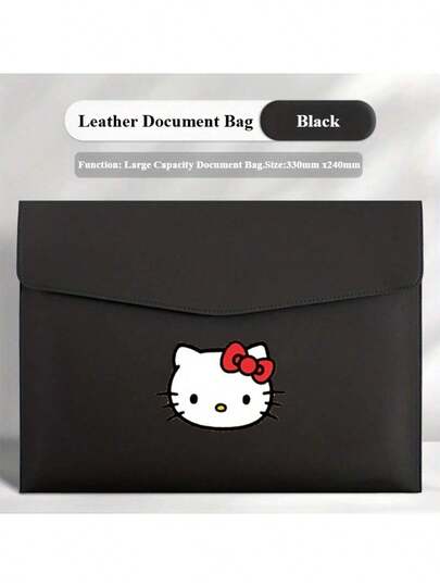 Sanrio 1个三丽鸥Hello Kitty真皮手拿包文件袋（黑色） - 大容量文件收纳袋，330x240毫米，可爱卡通图案办公学习文具袋
