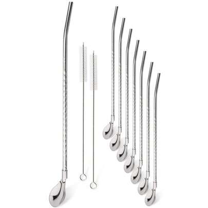 8 piezas de pajitas de metal largas de acero inoxidable con 2 cepillos de limpieza, accesorios para bebidas deé, café, bar, cocina y fiestas