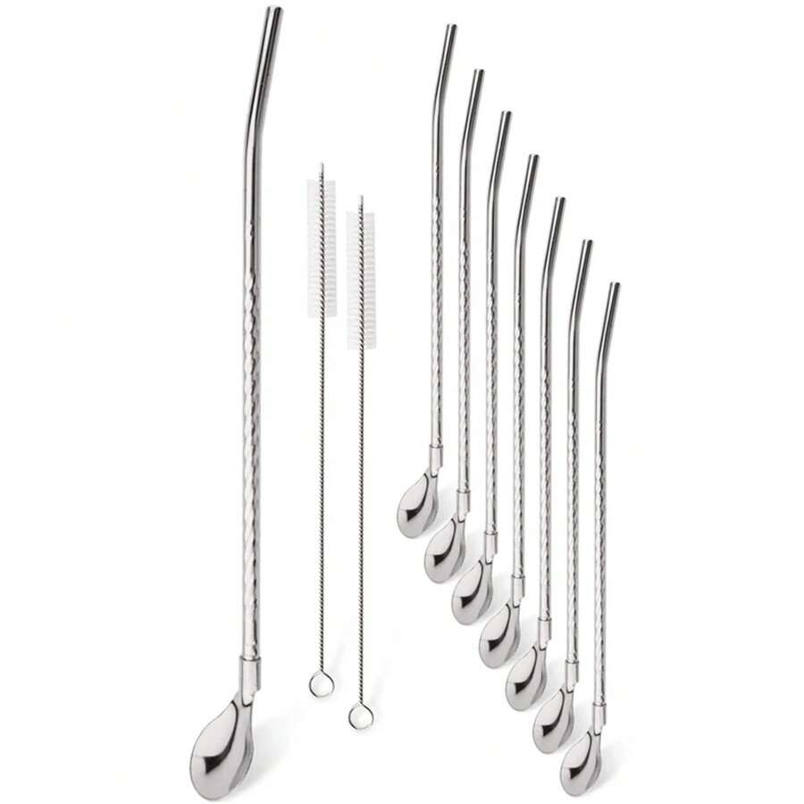 8 piezas de pajitas de metal largas de acero inoxidable con 2 cepillos de limpieza, accesorios para bebidas deé, café, bar, cocina y fiestas - Oro - Ver 1