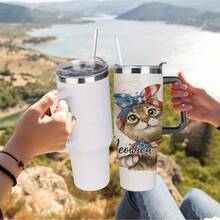 1pc 40oz Patriotic 4th Of July Stainless Steel Water Bottle With Handle And Straw - Insulated Leakproof For Fitness, Outdoor, Office - American Flag Design With Cute Cat Pattern, "Meowica" Patriotic Theme, 304 Stainless Steel, Perfect Holiday Gift For Adults, Outdoor Hydration, Holiday Theme, Durable Construction, Fitness Enthusiast Durable Stainless Steel Water Bottle With Detachable Cup For Daily Use, Water Bottle Coffee Bar Essentials| Perfect Grandpa Grandma & Best Friend Gifts - 黑色 - 查看 9