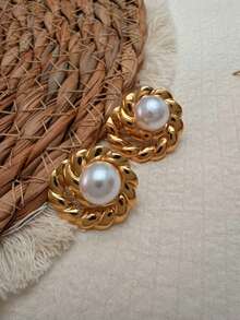 3 Pairs Gold-Plated Stainless Steel Fashion Stud Earring Set With Pearl Accents - Floral, Sun, Spiral, Multi-Element Designs. Perfect For Everyday Wear, Holiday Gifts, Or As The Ideal Valentine's Day Present For Women. - Gold - View 5