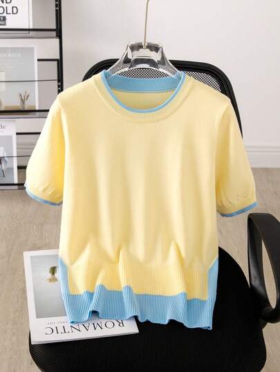 New Yellow Short Sleeve Knit Sweater, Overall In Sweet And Casual Style, Suitable For Spring And Summer, Contrast Color Details, Main Body In Bright Yellow, Collar, Cuffs And Hem Trimmed With Blue Knit Fabric For Fresh Color Blocking, Loose Fit Design Covering The Waist, Knit Texture With Fine And Soft Fabric, Good Breathability