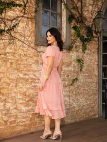 Elegant Boho Chiffon Midi Dress With Elastic Waist, Ruffled Hem, Pleated, Layered, Modest Fashion, Wedding, Summer - 羅莎 - 查看 2