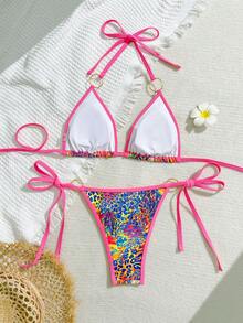 Conjunto de ropa de playa con estampado floral casual, con cordón y nudo en la espalda, adecuado para vacaciones de verano, escenario y concierto - Multicolor - Ver 5