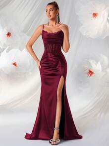 ADYCE فستان ماكسي أنيق بتصميم لوحات الدانتيل عالي الخصر مع طيات وشق في الظهر، مناسب لحفلات التخرج والحفلات الرسمية وحفلات عيد الميلاد والعشاء الرسمي وحفلات العودة إلى المنزل وحفلات الزفاف وحفلات السنة الجديدة وغيرها من المناسبات