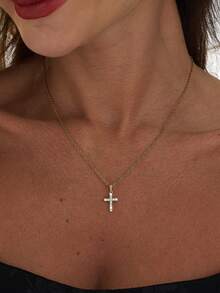 1pc Women's Minimalist Single-Layer Cubic Zirconia Inlaid Cross Pendant Necklace, Suitable For Daily Wear - Yellow Gold - View 2