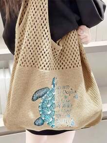Women's Woven Tote Bag, Sea Turtle & Shell Print - Large Capacity Beach Travel Bag, Durable Polyester Open Design, Suitable For Summer, Beach Trips And Shopping - White With Blue Accents, Beach Handbag, Exquisite Woven Pattern, Summer Accessory, Sturdy Construction, Perfect For Vacation - Multicolor - View 8