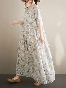 AZAH 波希米亞風休閒度假洋裝，女款大尺碼 2026 夏季長洋裝，女款大尺碼百褶 A 字長洋裝，圓領短袖 - 淺灰色 - 查看 5