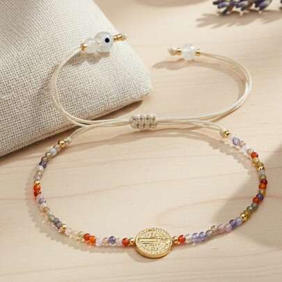 1PC Fashionable Simple Copper Bead Bracelet, Cross Pendant Bracelet, Colored Semi Precious Stone Bracelet, Transparent White Glass Flat Bead Devil's Eye Bracelet, Pink Crystal Bracelet, Gold Bead Bracelet, Suitable For Women's Daily Commuting, Family, Sisters, Birthday Gifts, Family Gifts, Valentine's Day Gifts, Women's Gifts, Anniversary Gifts