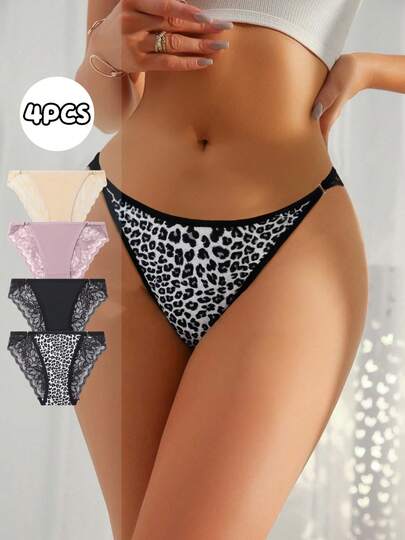 4 piezas/paquete Ropa interior sexy de mujer sin costuras con encaje floral, estampado de leopardo y unicolor, con anillo en la cintura, elástica, transpirable y suave, amigable con la piel