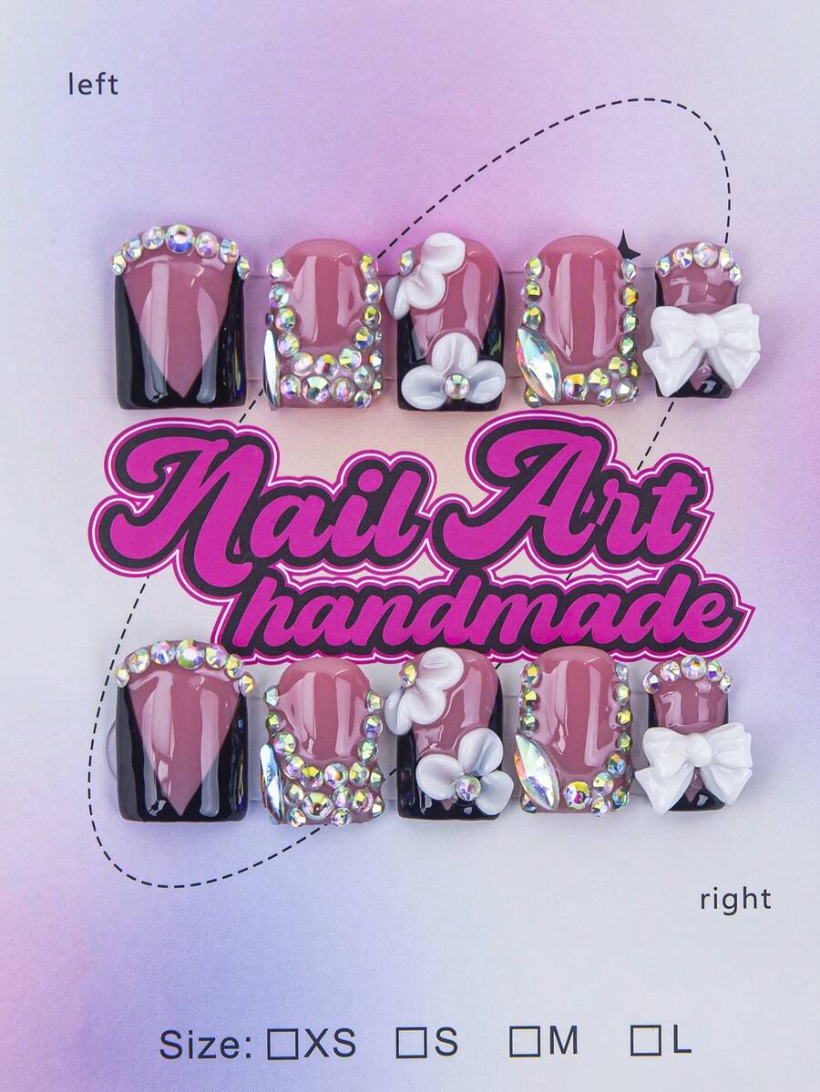 10片/套 手工方形美甲贴片，Y2K 酷炫风格，裸色和黑色法式边，雕刻、串珠、星形设计，适合派对、婚礼、日常佩戴，包含工具包，是送给女性和女孩的绝佳礼物。美甲用品 手工按压式美甲贴片 - 黑色 - 查看 1