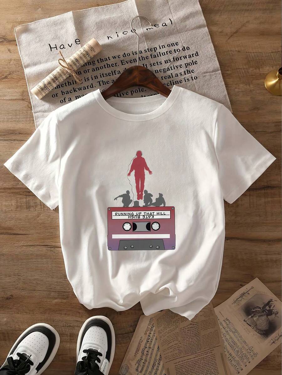 Plus Size Women's Daily Headphone-Wearing Figure Silhouette Crowd Silhouettes Cassette Tape Image "RUNNING UP THAT HILL" Text Music Retro-Themed Graphic Print Pattern Round Neck Short Sleeve Casual Spring/Summer/Fall T-Shirt Valentine's Day/Back-To-School - White - View 1