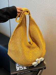 1pc Women's Lightweight Handbag, Crochet Woven Beach Tote Bag, Suitable For College Students, Study And Travel - Multicolor - View 6