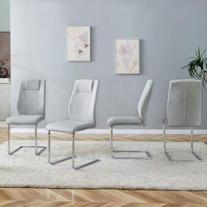 Scandinavian Dining Chairs In Light Grey PU Leather (4 Pieces Per Box) – With A Mesh-Look Backrest, Silver-Colored Metal Legs And Non-Slip Feet. Timelessly Versatile And Easy To Combine With Other Furniture.