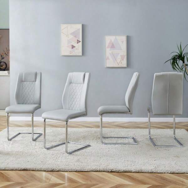 Scandinavian Dining Chairs In Light Grey PU Leather (4 Pieces Per Box) – With A Mesh-Look Backrest, Silver-Colored Metal Legs And Non-Slip Feet. Timelessly Versatile And Easy To Combine With Other Furniture.