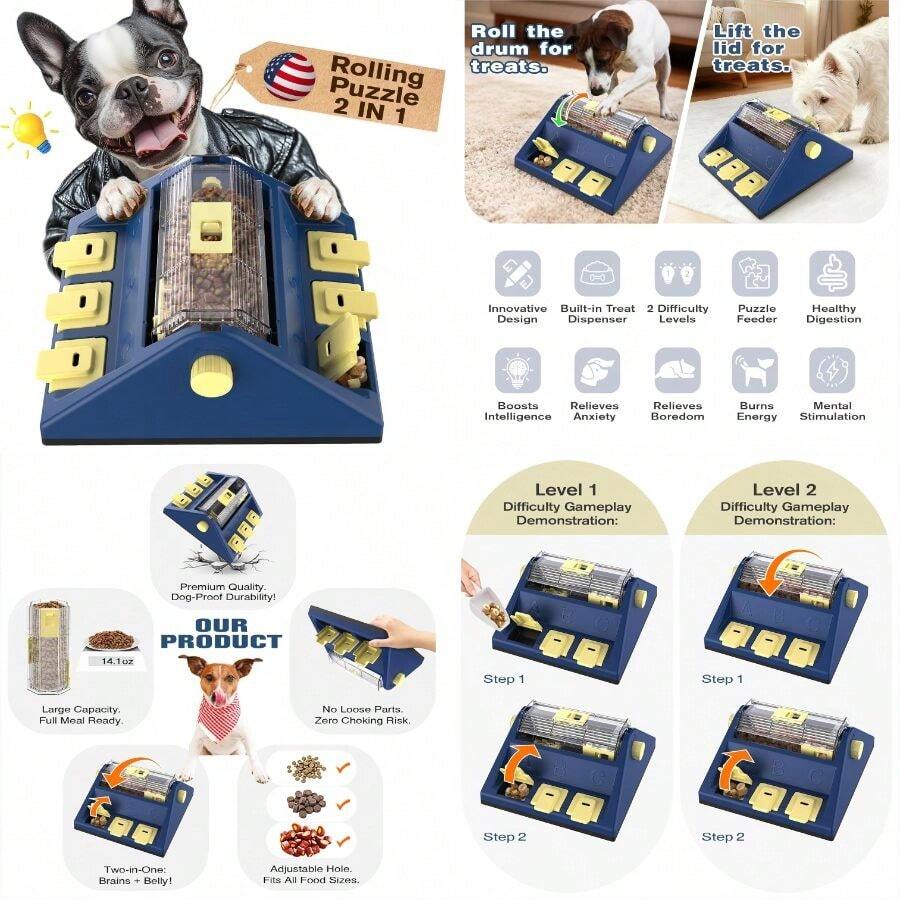2 Levels Of Challenge, Large Size, Paw - Activated Rolling Dog Puzzle Feeder Toy, U. S. Design, Treat Puzzles Feeding Small Medium Dogs Mental Stimulation Puppy Food Slow Dispenser Toy - 大號 + 藍色 - 查看 1