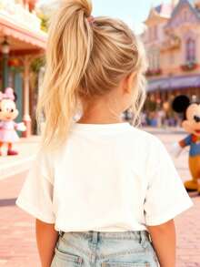 Disney Girls' T-Shirt, Stitch Castle Bow Print Cartoon Design, Summer Cotton Crew Neck Short Sleeve Top For Girls. Perfect For Everyday Wear, Vacations, Outdoor Activities, And As A Gift For Children. - 白色 - 查看 3