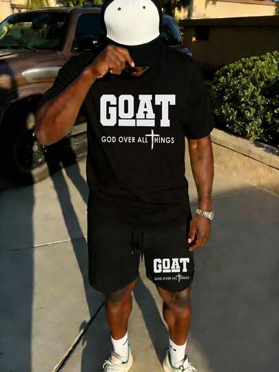 男士休闲宽松英伦印花圆领短袖T恤和抽绳短裤套装，夏季必备，易于搭配