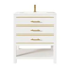 White Vanity Unit With Ceramic Basin – Freestanding Bathroom Unit With 2 Drawers And An Open Compartment, High-Quality Lacquered MDF Panel, Gold Handles, Without Tap Or Drain