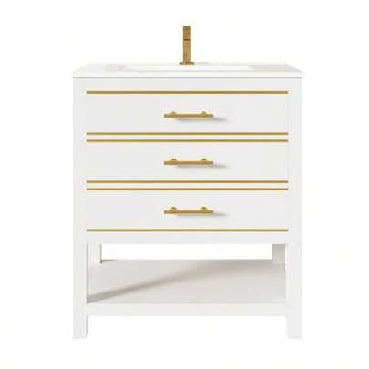 White Vanity Unit With Ceramic Basin – Freestanding Bathroom Unit With 2 Drawers And An Open Compartment, High-Quality Lacquered MDF Panel, Gold Handles, Without Tap Or Drain