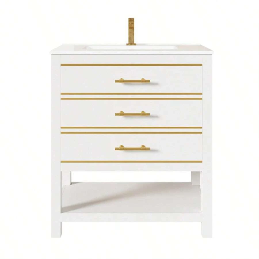 White Vanity Unit With Ceramic Basin – Freestanding Bathroom Unit With 2 Drawers And An Open Compartment, High-Quality Lacquered MDF Panel, Gold Handles, Without Tap Or Drain