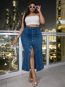 Elegant High Waist Stretch Denim Skirt, Autumn/Winter New Asymmetrical Front Button Slit Skirt, Washed Blue Plus Size Denim Mini Skirt - Blue - View 4