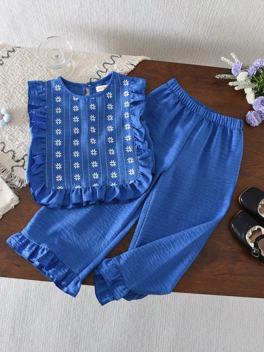 女童牛仔效果无袖上衣和蕾丝边长裤两件套，夏季服装 - 藍色 - 查看 1