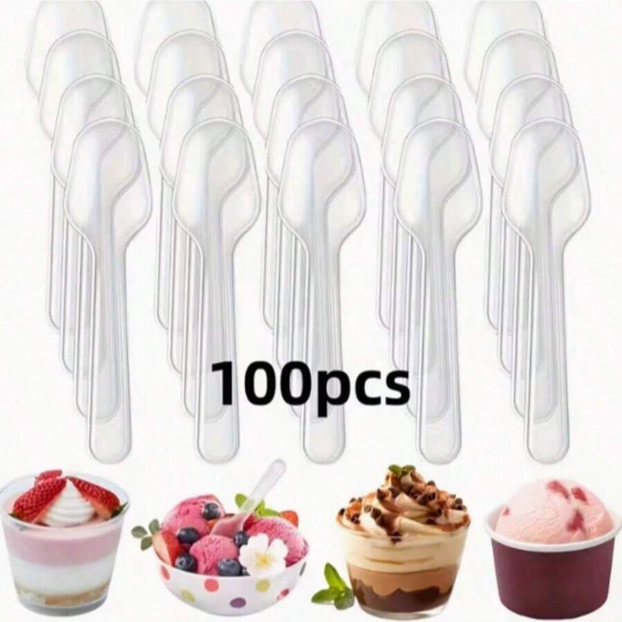 100pcs Transparent Plastic Mini Spoons, Disposable Tiny Spoons For Dessert, Ice Cream, Jelly, Yogurt, Snacks, Home Party, Picnic, Restaurant, Kitchen - Multicolor - View 1