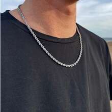 防水扭绳链，简约不锈钢男士时尚银色、金色、黑色项链，健身项链 - 銀色 - 查看 4