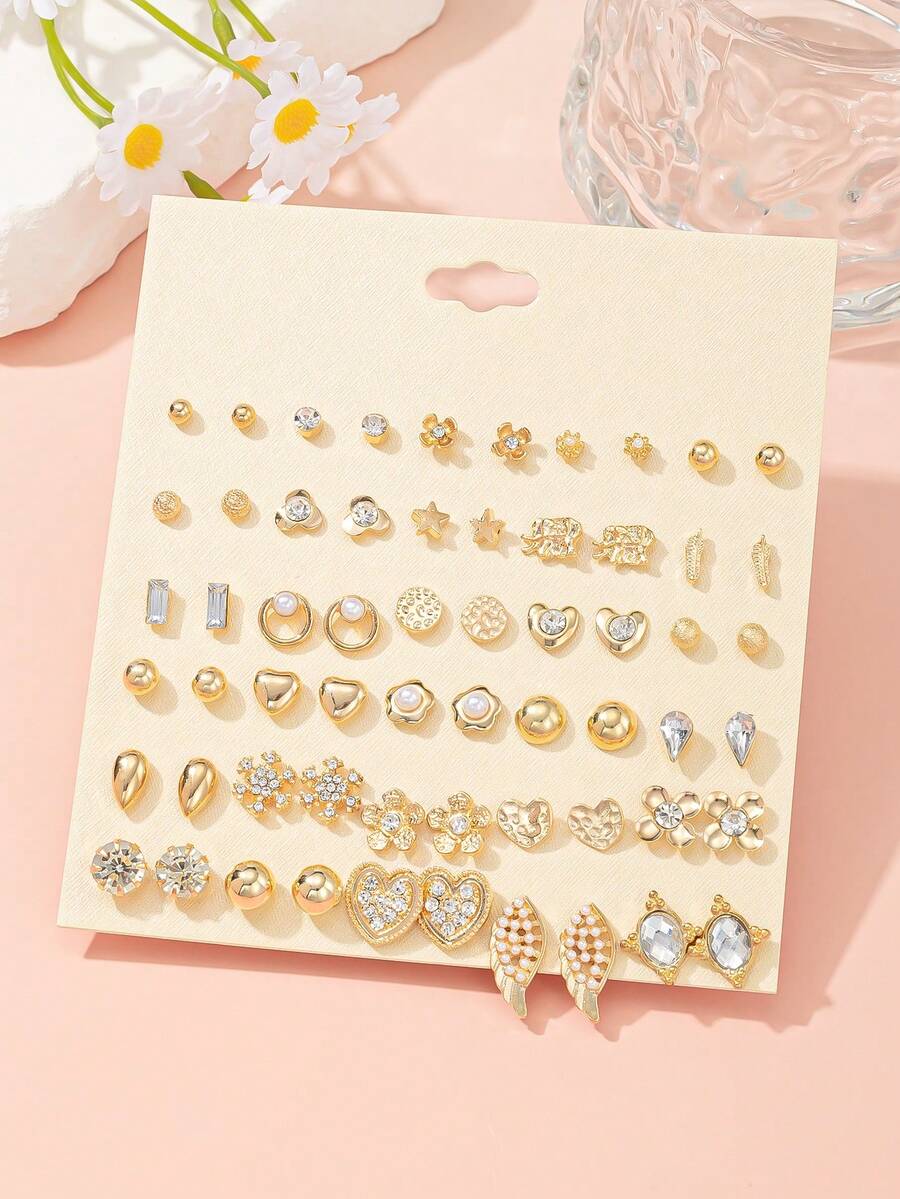 Set de 30 piezas de aretes de moda minimalista, con diseños de cristal, perla artificial, copo de nieve brillante de metal, corazón, gota de agua y estrella, adecuado para uso diario casual de mujeres, regalo para fiestas