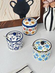 4件/2件/1件裝復古花卉調味料罐，陶瓷鹽罐，附蓋與湯匙的調料容器，辣椒油罐，節日禮物 - 彩色 - 查看 7