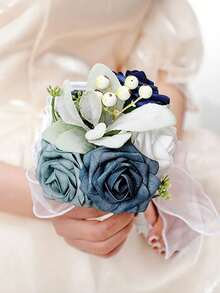 1pc Bride's Multi-Head Lace Bouquet, Contrast Lotus Leaf & Rose Bouquet, Bridesmaid Ribbon Bow Bouquet, Valentine's Day Proposal Petite Bouquet, Outdoor Wedding Bride's Bouquet, Romantic Wedding Photography Prop