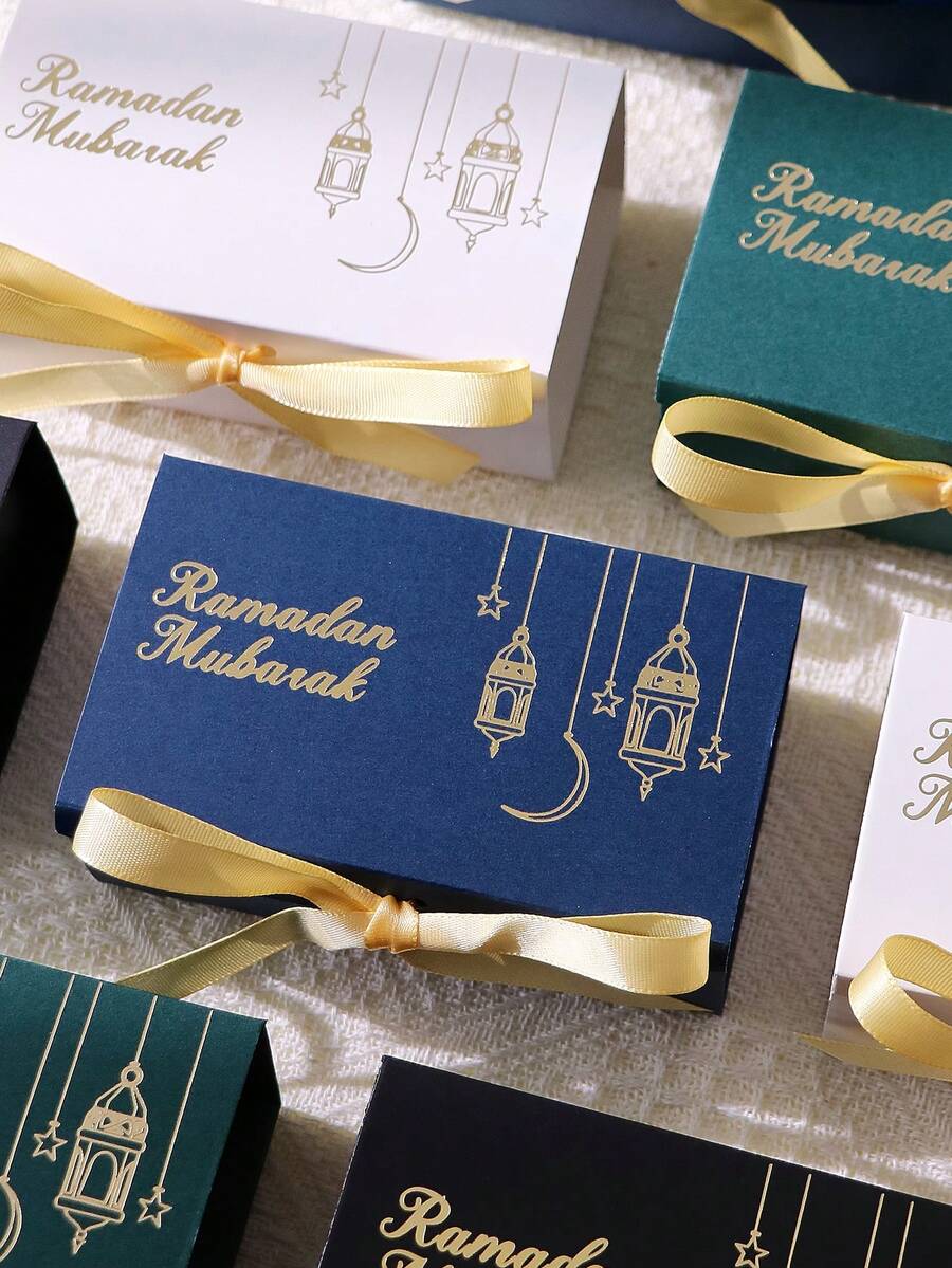 10pcs Eid Mubarak Candy Boxes - Gold Lantern & Crescent Moon Pattern, Rectangular Paper Boxes With Ribbons, Ramadan Holiday Party Candy Containers, Suitable For Eid Al-Fitr. - Multicolor - View 1
