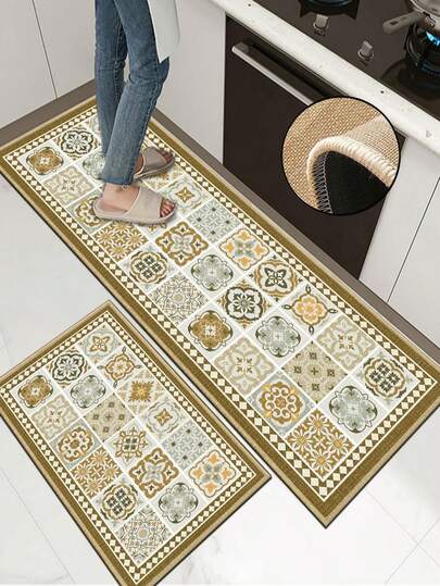 1 pieza Alfombra de cocina de lino suave de goma, alfombra de cocina de 3.5 mm de grosor, alfombra de cocina absorbente de estilo floral colorido, grandes alfombras, bordes cosidos para evitar el desprendimiento, superficie de lino, capa intermedia de espuma, parte inferior de goma, adecuada para alfombras de cocina, decoración de cocina, decoración de bodas, decoración del hogar, alfombras de baño, alfombras de entrada, alfombras de lavandería, alfombras de pasillo, alfombras de sala de estar, etc.