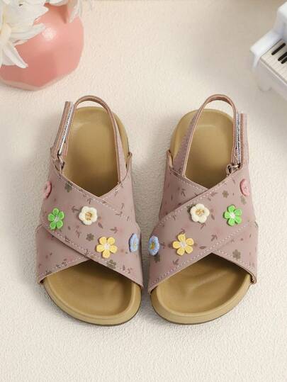1 Pair Children's Summer Flat Sandals, 3D Floral Embroidery, Hook And Loop Closure, Round Toe, Ditsy Floral Upper, Purple Cute Girls Sandals, Suitable For Outdoor Activities And School