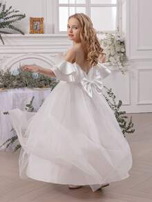 Tween Girl Bowknot Mesh Off-Shoulder Flower Girl Dress, Easter Princess Gown, Suitable For Baby Birthday Party, Prom, Special Occasions, Holidays, Flower Girl Wedding Dress - White - View 10