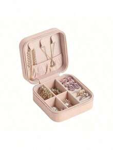 Mini And Portable! Solid Color PU Leather Jewelry Box, Very Convenient For Travel Storage Of Necklaces, Rings And Earrings, Dust-Proof Design To Protect Exquisite Accessories - White - View 12