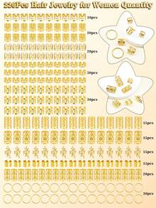 220个/套 复古镂空发圈，合金发夹，发圈，发饰，夏季编织发饰，假日，旅行，波西米亚风，节日，派对 - 金色 - 查看 3